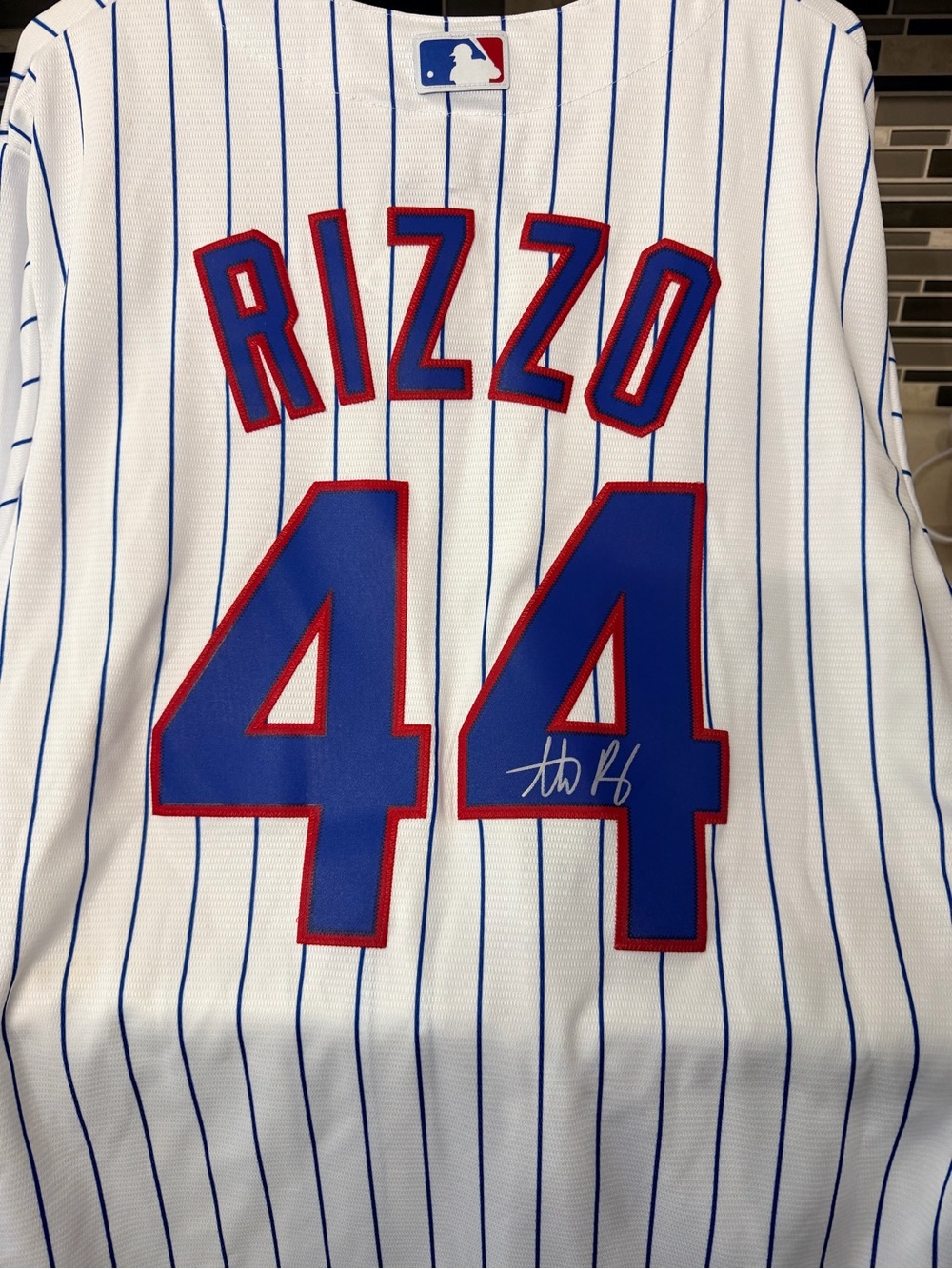 Majestic White Pinstripe Autographed Rizzo #44 Jersey with Blue and Red Accents